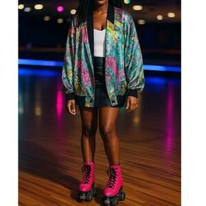 Vintage 80s Mighty Abstract Art Print Bomber Jacket Korea Colorful Satin bold OS